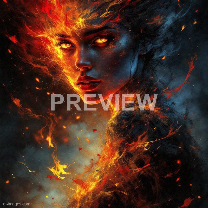 The image depicts a highly stylized and surreal portrait of a woman with a dark complexion and glowing yellow eyes. Her face is partially engulfed in fiery, flame-like elements that seem to emanate from her head and shoulders, blending seamlessly into a smoky, dark background. The fiery details include bright orange and yellow streaks that resemble sparks and tendrils, creating an intense and dynamic visual effect.